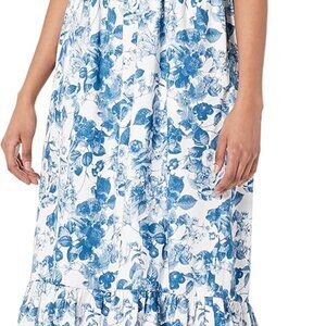 Timeless Blue Floral Midi Dress with Ruffled Shoulders - Women's Size S